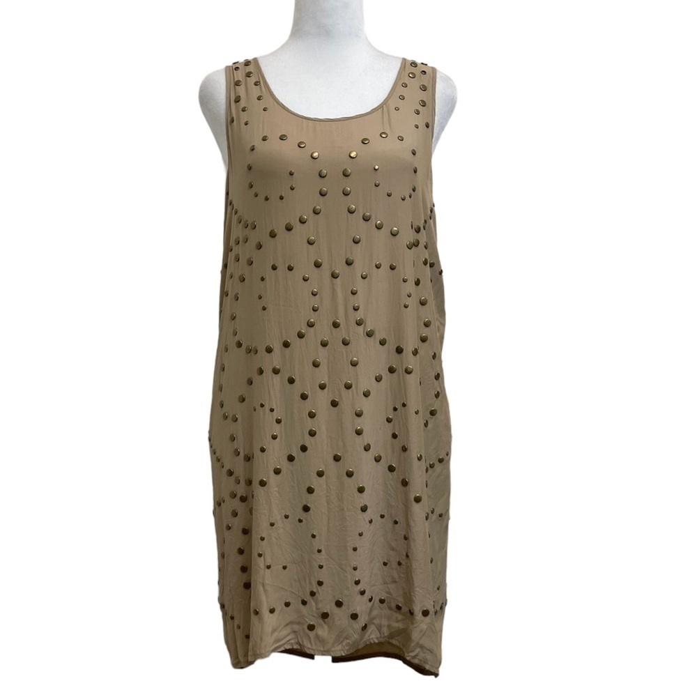 Haute Hippie 100% Silk Tan Brass Studded Mini Shift Dress